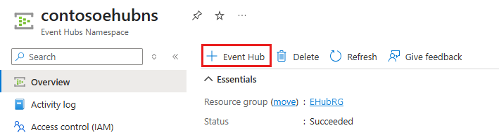 Screenshot of the selection of Add event hub button on the command bar.