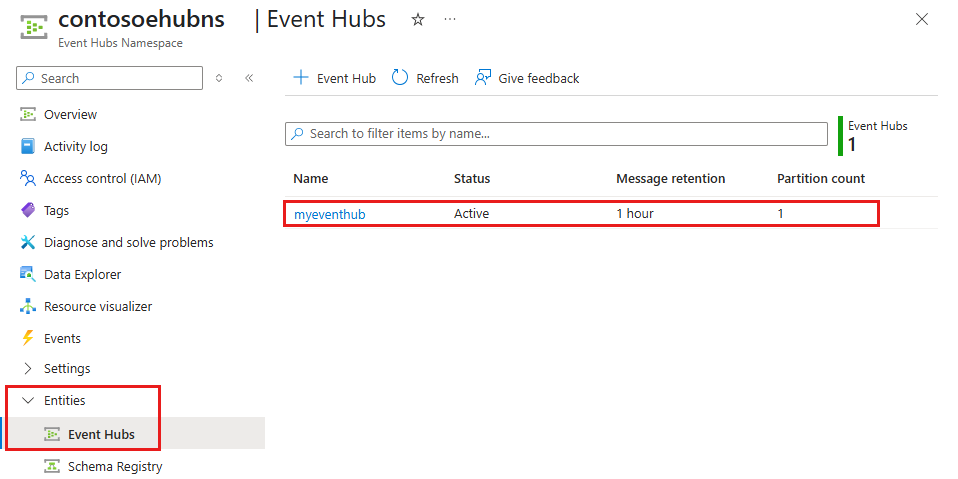 Screenshot showing the list of event hubs.