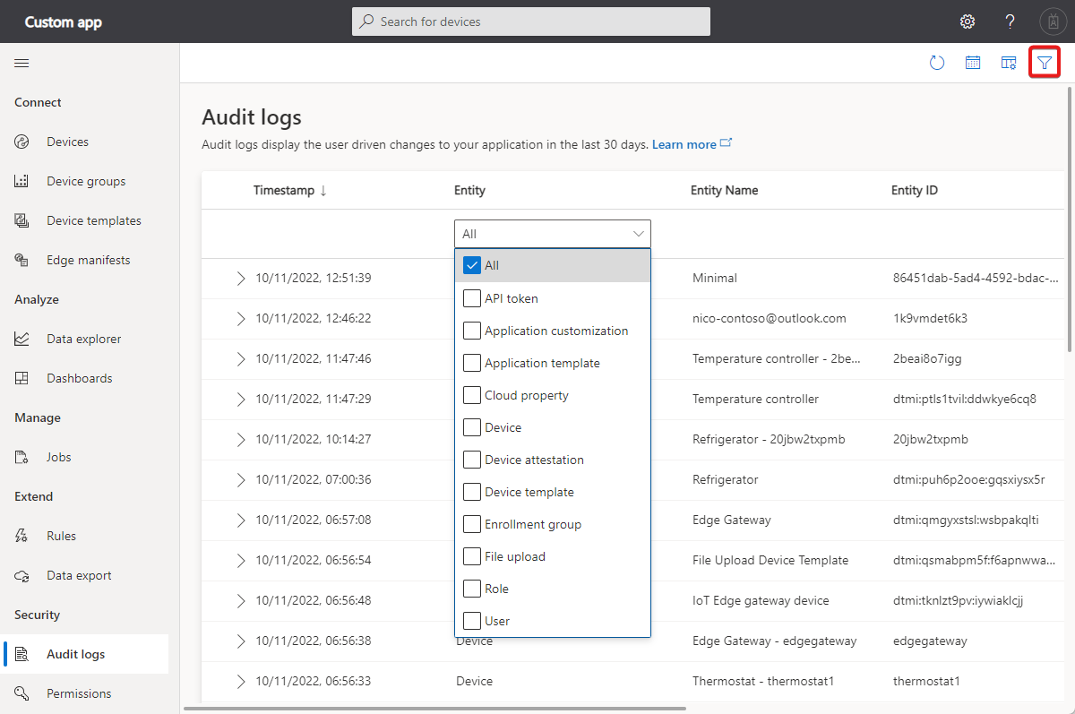 Screenshot that shows how filter the log to show only updates to user entities.