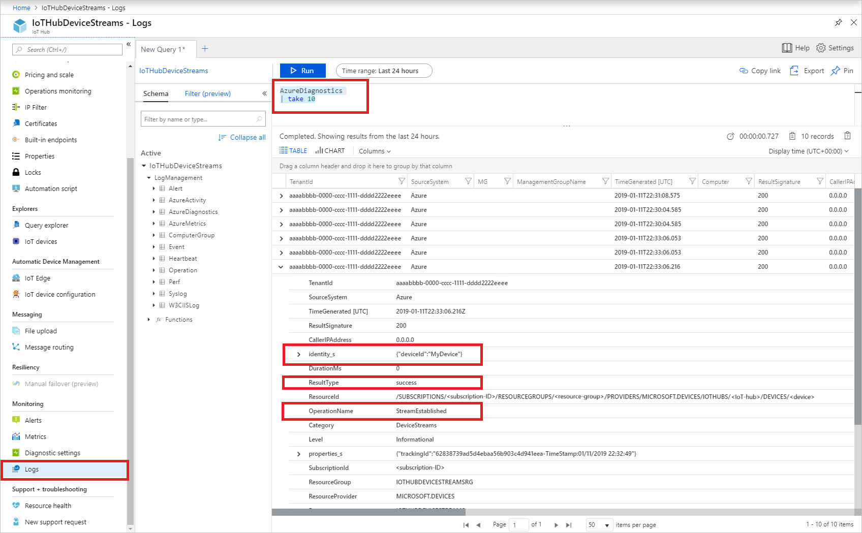 Screenshot that shows the AzureDiagnostic logs for an IoT hub, highlighting the identity, operation, and results for a Device Streams resource log entry.