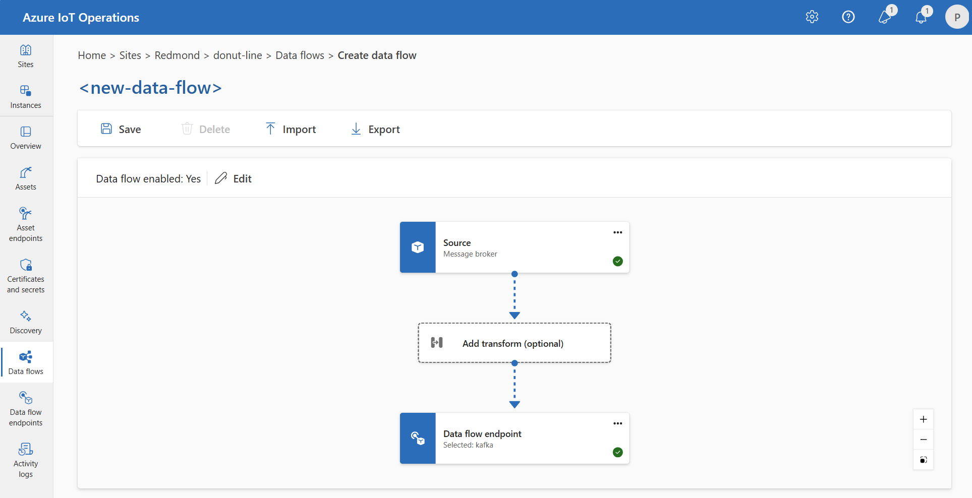 Screenshot using operations experience to create a data flow from MQTT to Kafka.