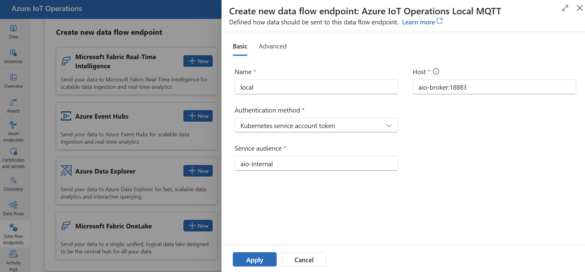 Screenshot using operations experience to create a new local MQTT data flow endpoint.