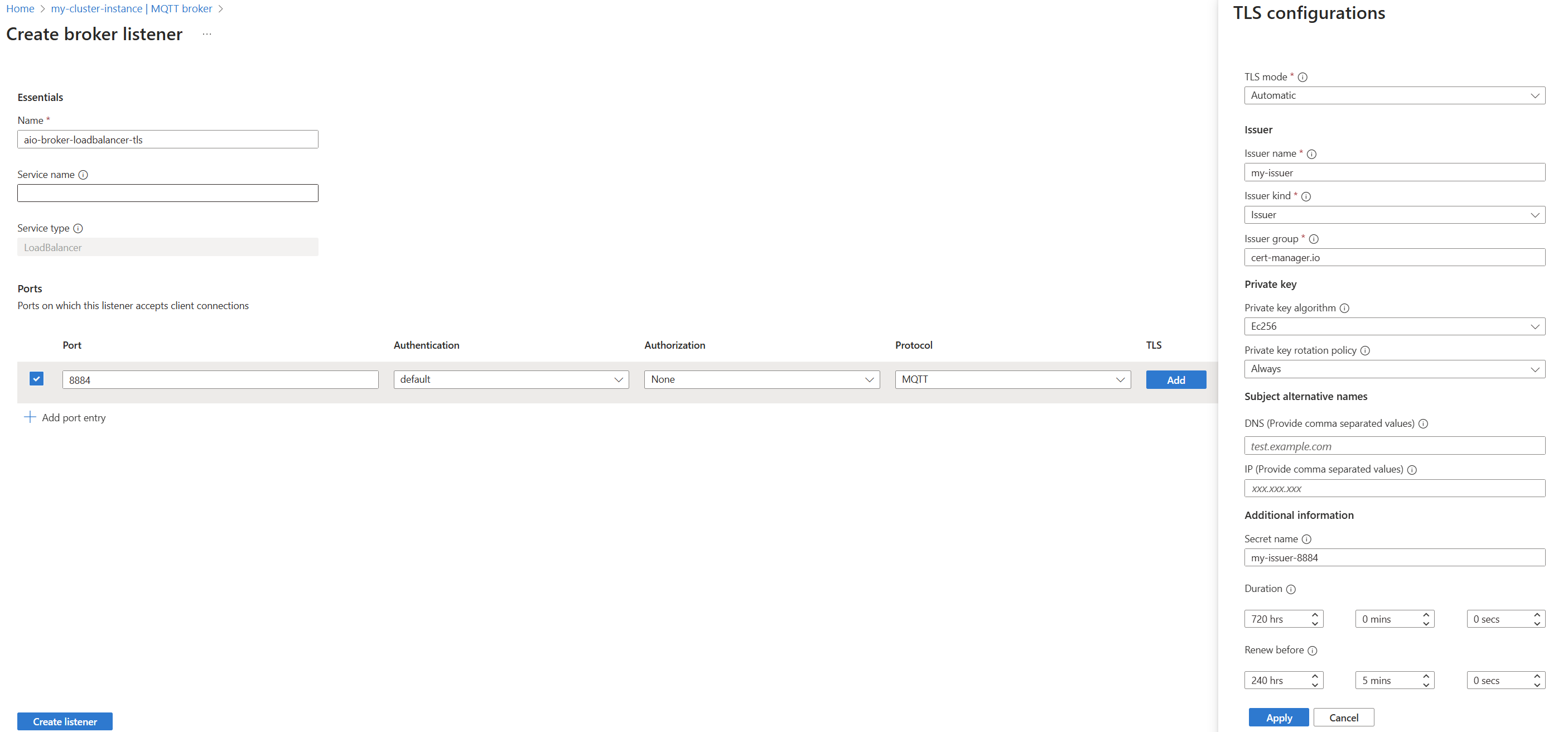 Screenshot that shows using the Azure portal to create an MQTT broker for a load balancer listener with automatic TLS certificates.