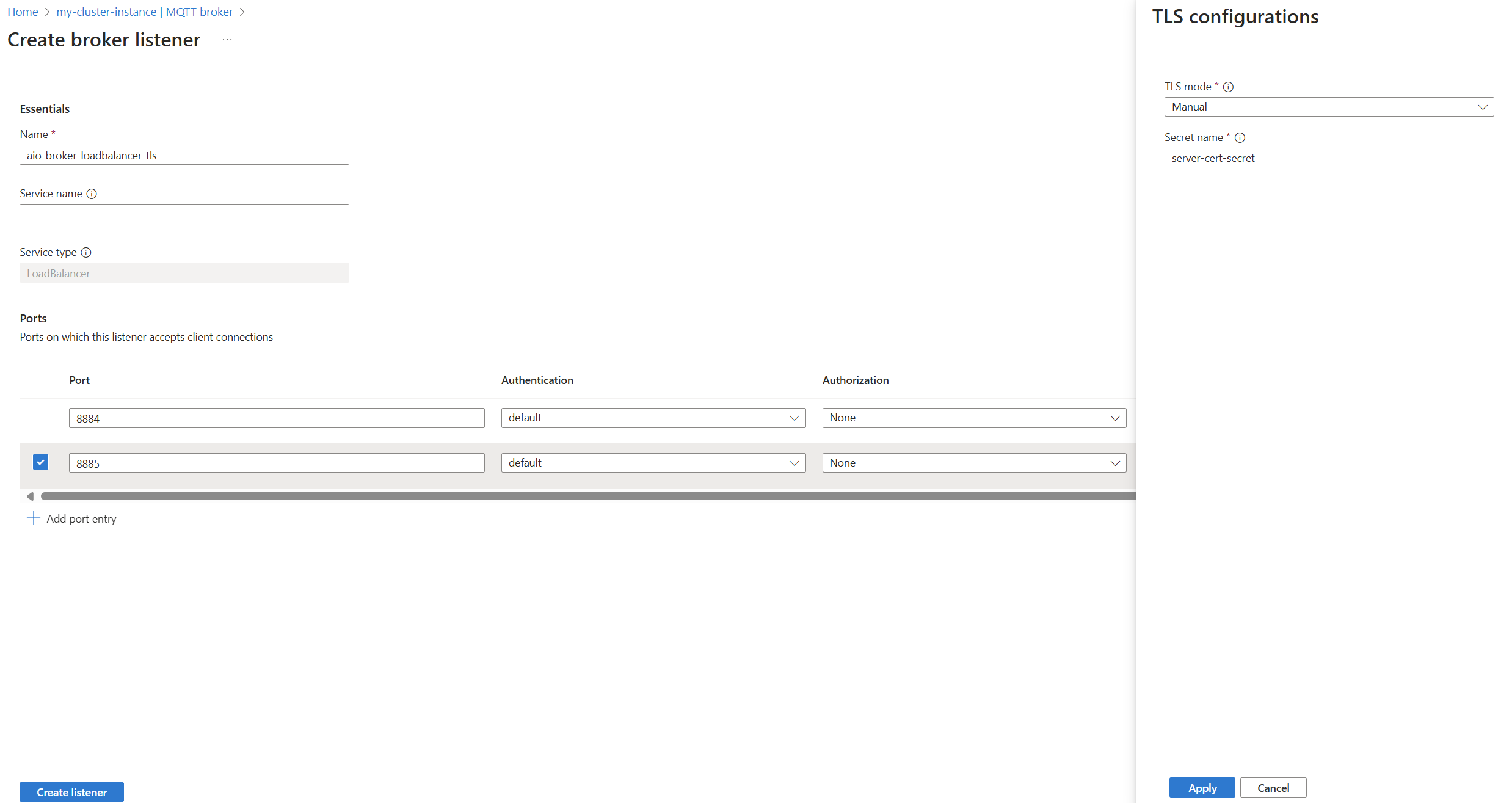 Screenshot that shows using the Azure portal to create an MQTT broker for load balancer listener with manual TLS certificates.