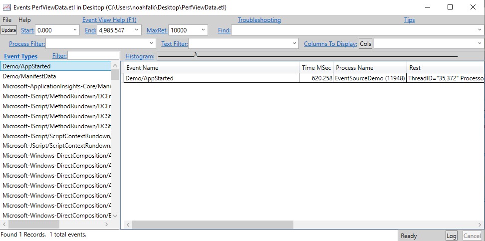 PerfView Events Viewer AppStarted events