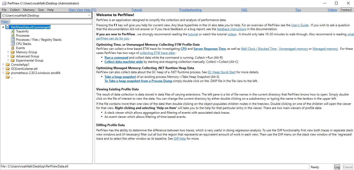 PerfView Main Window Selecting a trace
