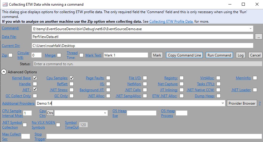 PerfView Run Dialog Advanced Settings
