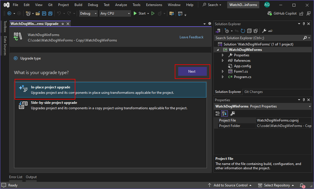 The .NET Upgrade Assistant wizard showing the 'What is your upgrade type' selection. 'In-place project upgrade' is highlighted, as is the 'Next' button.