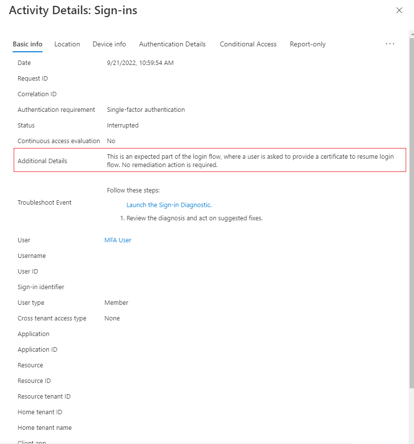 Screenshot that shows second-factor sign-in details in the sign-in logs.