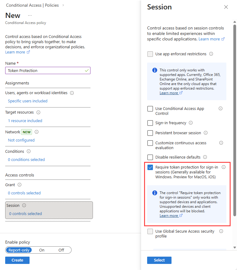 Screenshot of a Conditional Access policy that requires token protection as the session control.