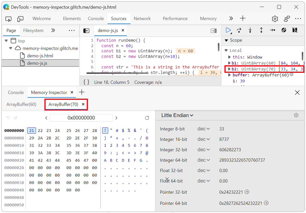 Two ArrayBuffer tabs open in the Memory inspector panel
