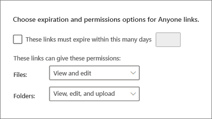 Screenshot of the advanced settings for anyone links in the new SharePoint admin center.