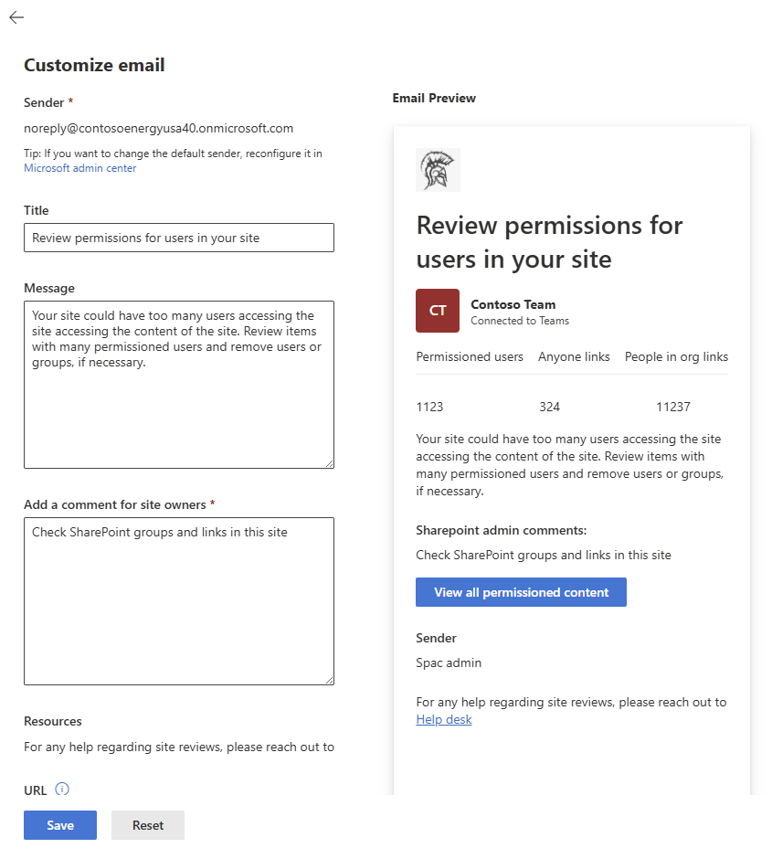 customize message, comments and add links to SharePoint pages in emails to site owners