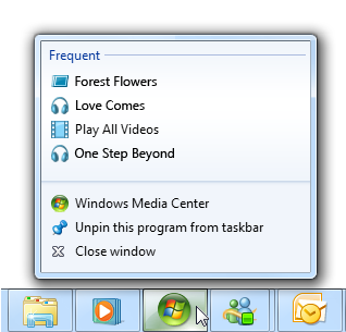 screen shot of jump list with well organized tasks