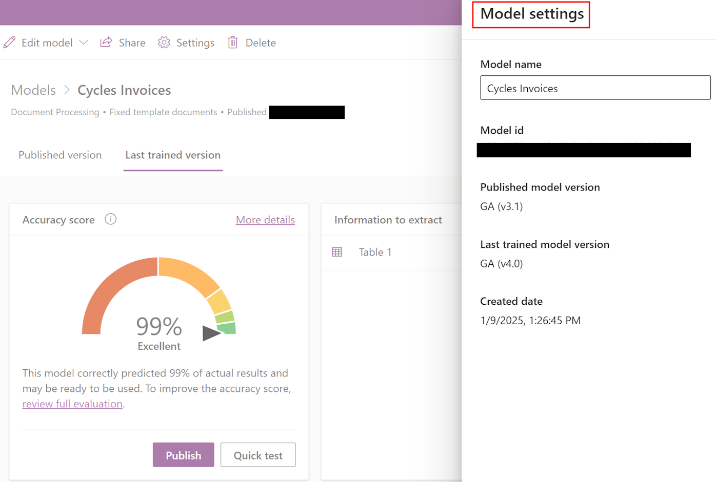 Screenshot of the 'Model settings' panel to get the last published model version GA and the last trained model version GA.