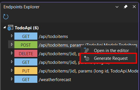 Endpoints Explorer context menu highlighting Generate Request menu item.