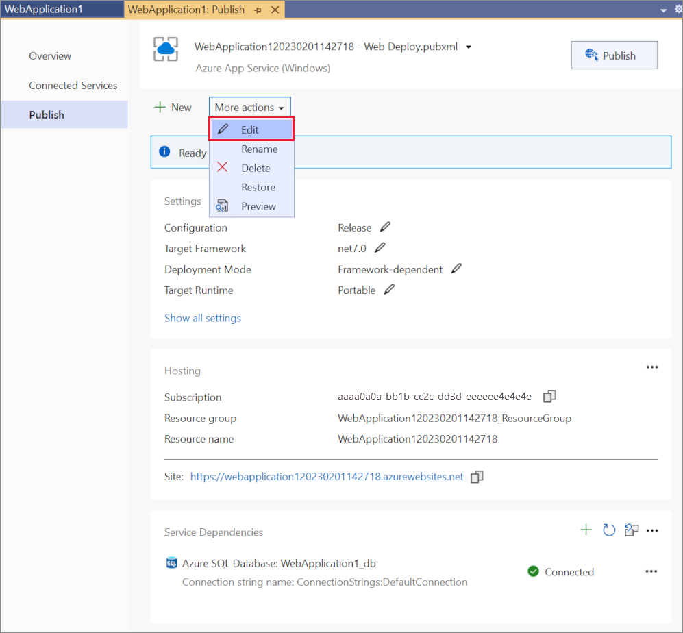 Publish profile summary page: edit settings