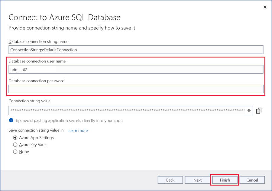 Configure Azure SQL Database dialog, connection string details