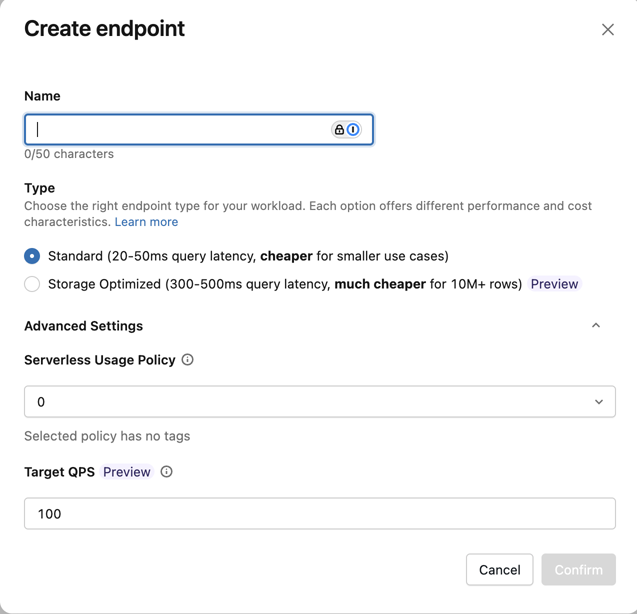 Create vector search endpoint dialog.