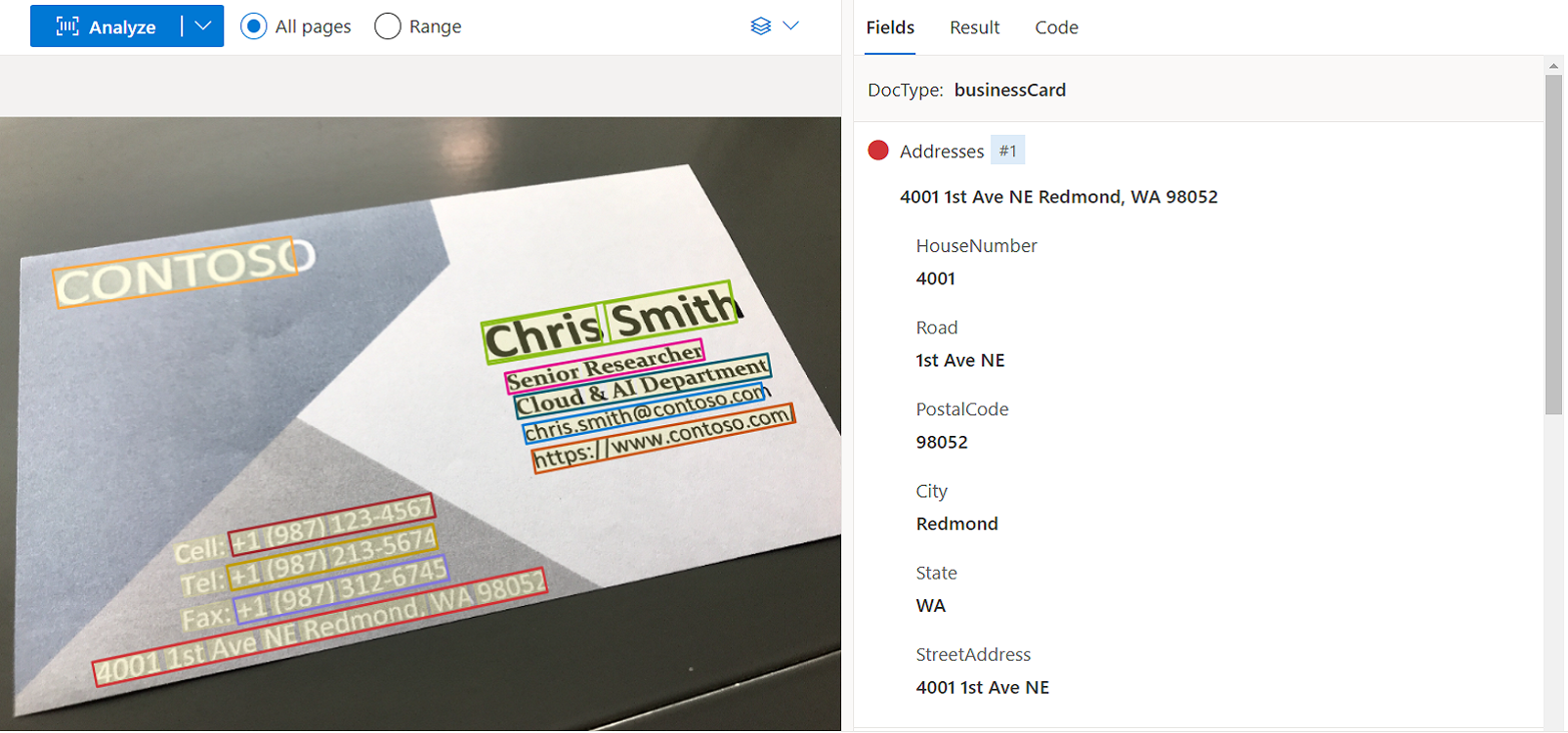 Screenshot of Business card model analysis using Document Intelligence Studio.