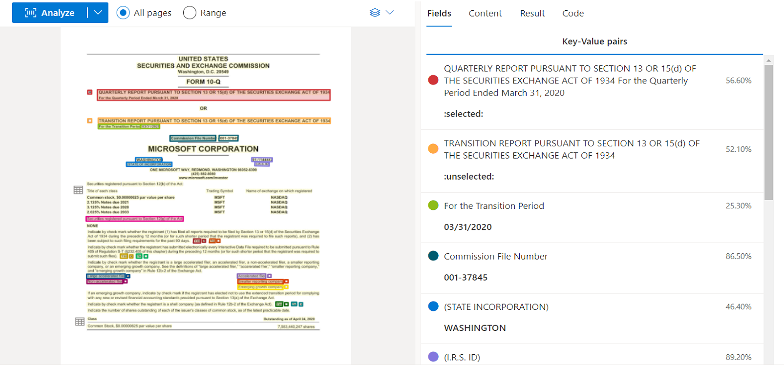 Screenshot of General document model analysis using Document Intelligence Studio.