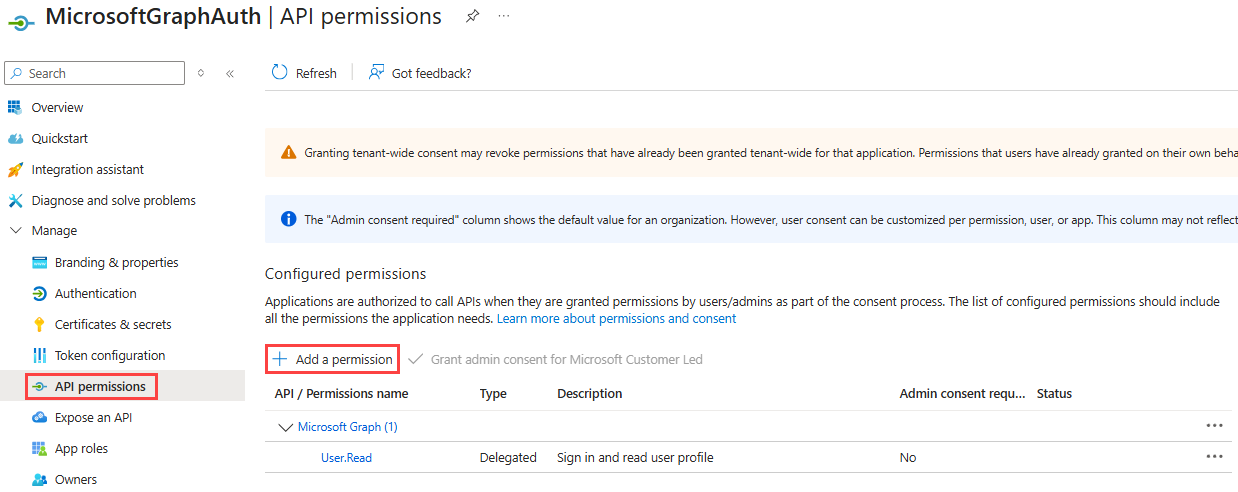 Screenshot of adding an API permission in the portal.