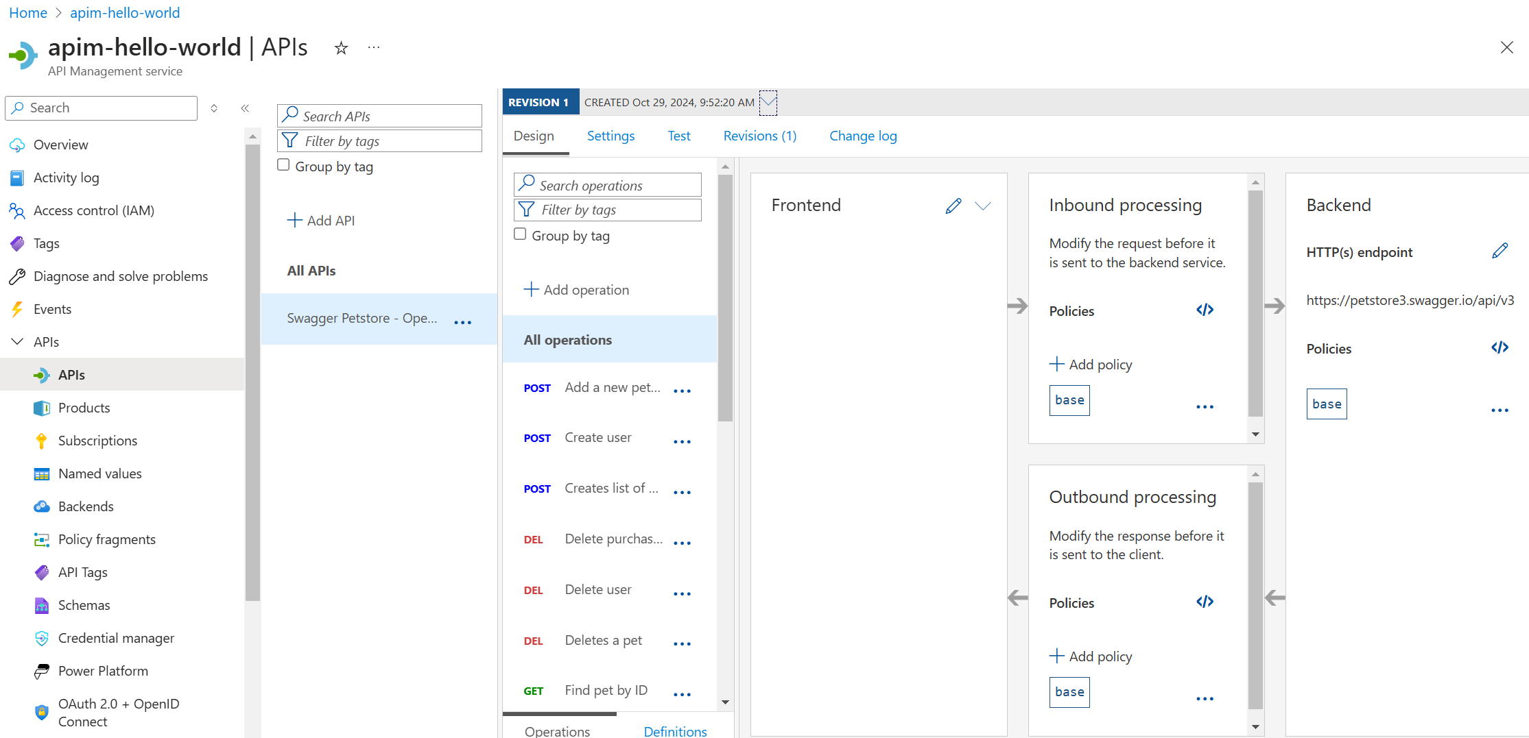 Screenshot of a new API in API Management in the portal.