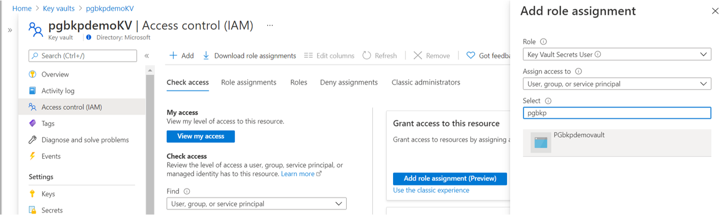 Screenshot showing the option to grant the backup vault’s M S I Key Vault Secrets User access on the key vault.