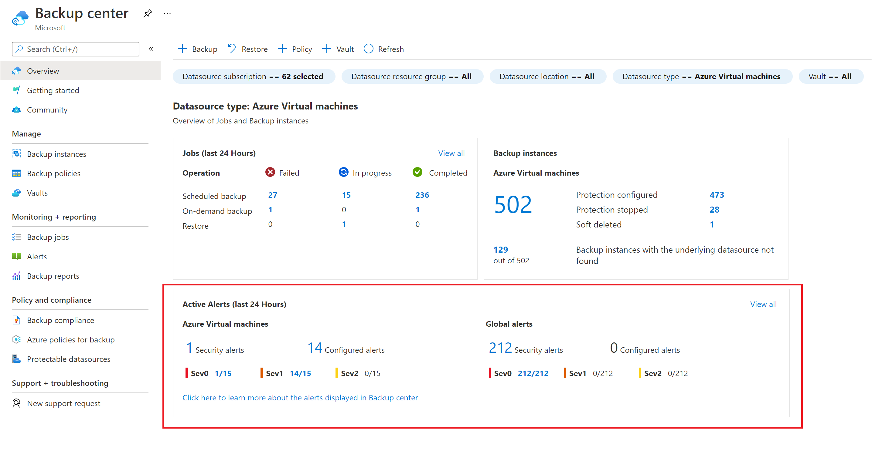 Screenshot showing alerts in Backup center.