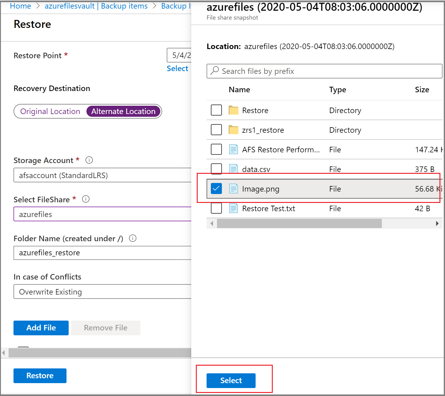 Screenshot shows how to select recovery destination.