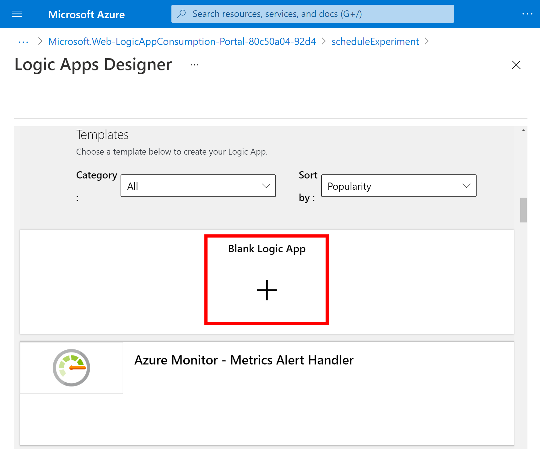 Screenshot that shows the Logic Apps template selection pane with Blank Logic App selected.