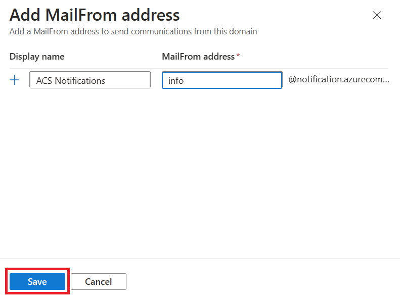 Screenshot that explains how to save MailFrom address and display name.