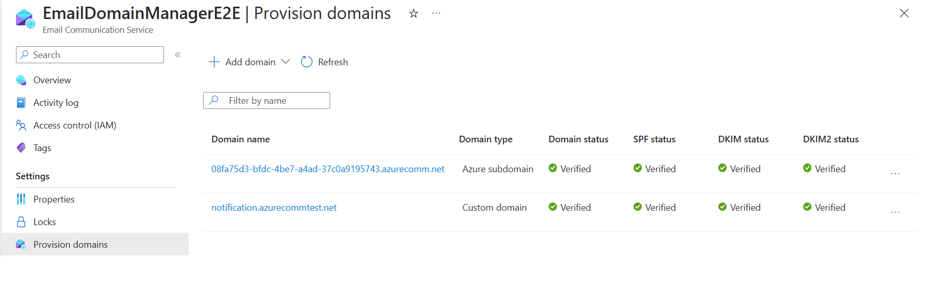 Screenshot that shows Domain link in list of provisioned email domains.