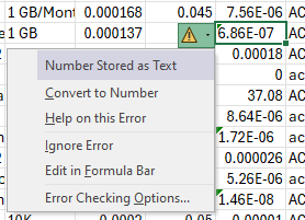 Screenshot showing the Number stored as text error.