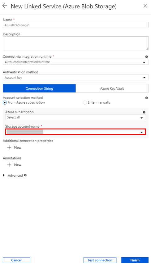 Box for specifying the storage account name