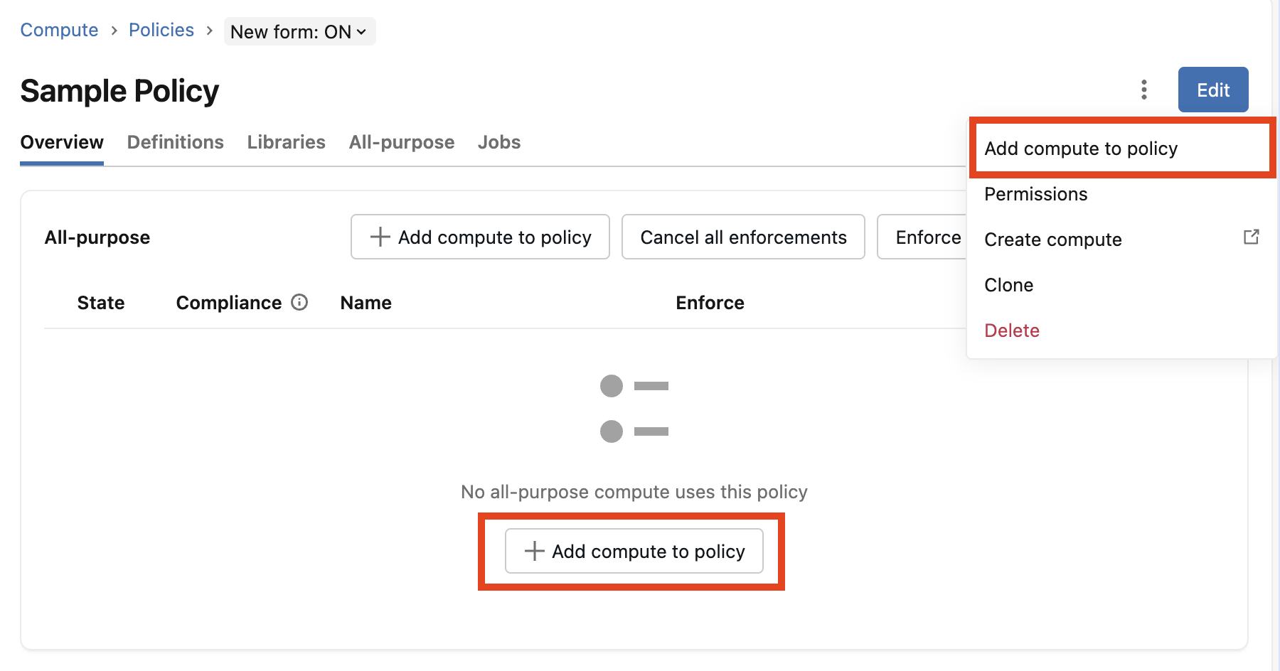Add compute to policy buttons on a policy detail page
