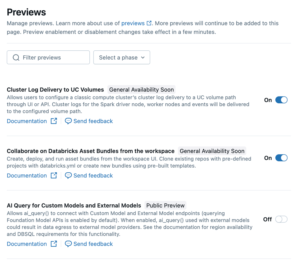 The workspace Previews page helps you discover new features.