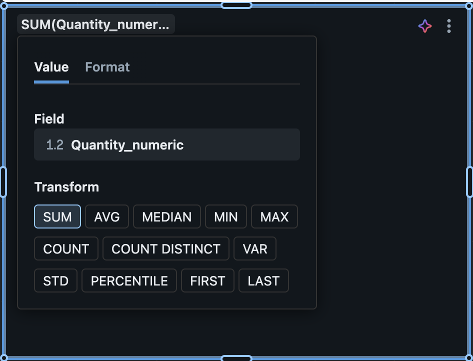The field reference configuration popover on the Value tab, showing the field selector and the aggregation options