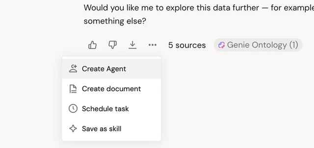 The overflow menu under a Genie One answer, showing the Create Agent option.
