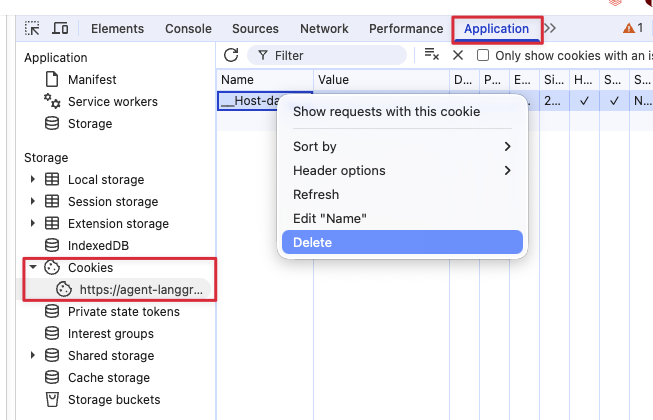 Chrome DevTools showing the Application tab, cookies for an app URL, and the right-click Delete menu.