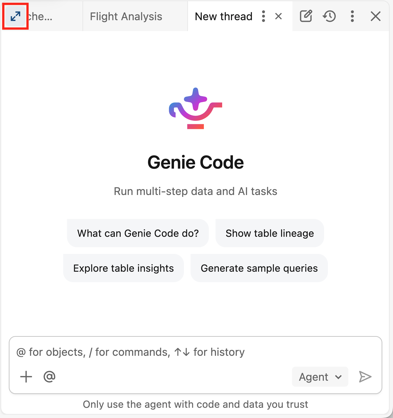 The Maximize button in the Genie Code side pane.