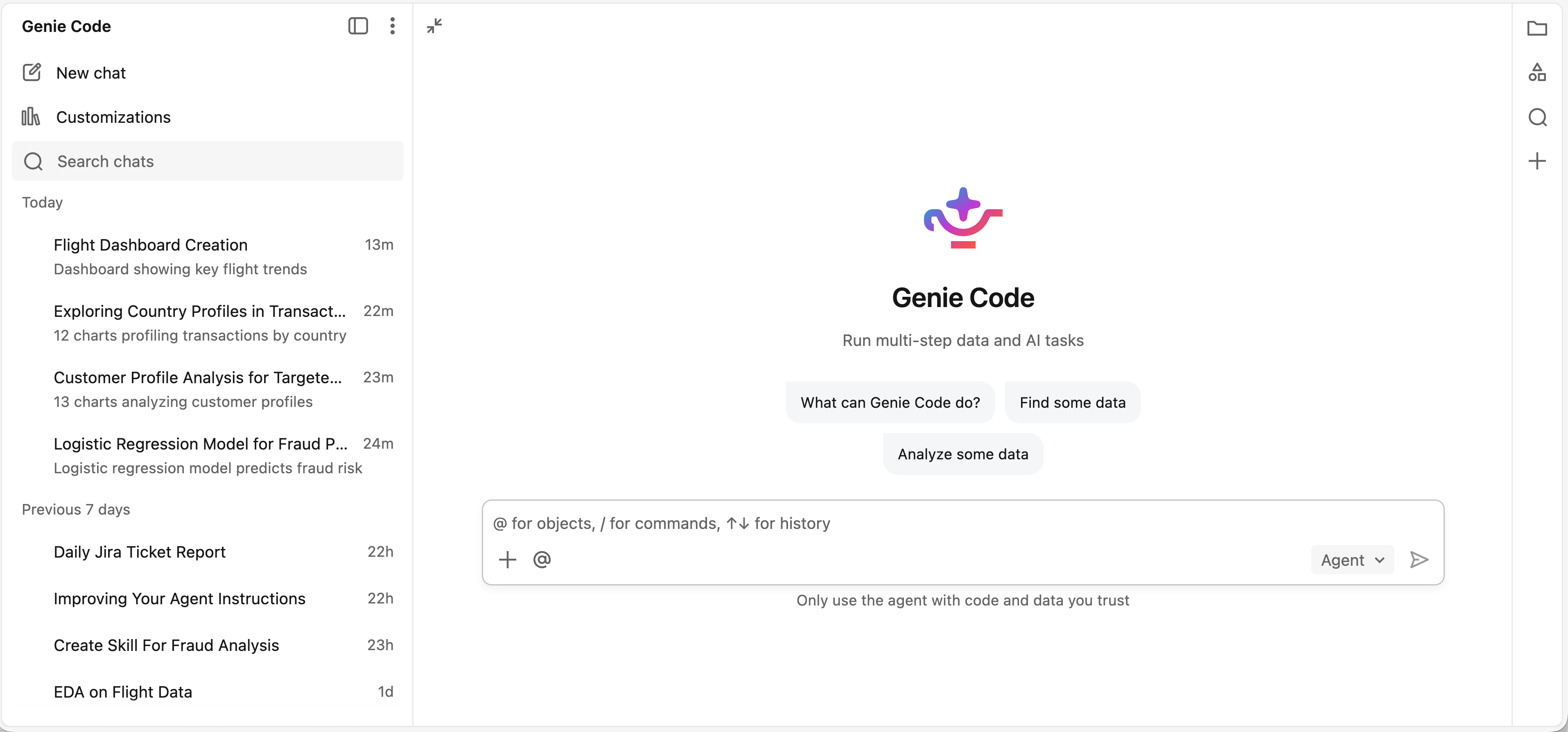 Full page Genie Code interface showing the thread list and tab view.