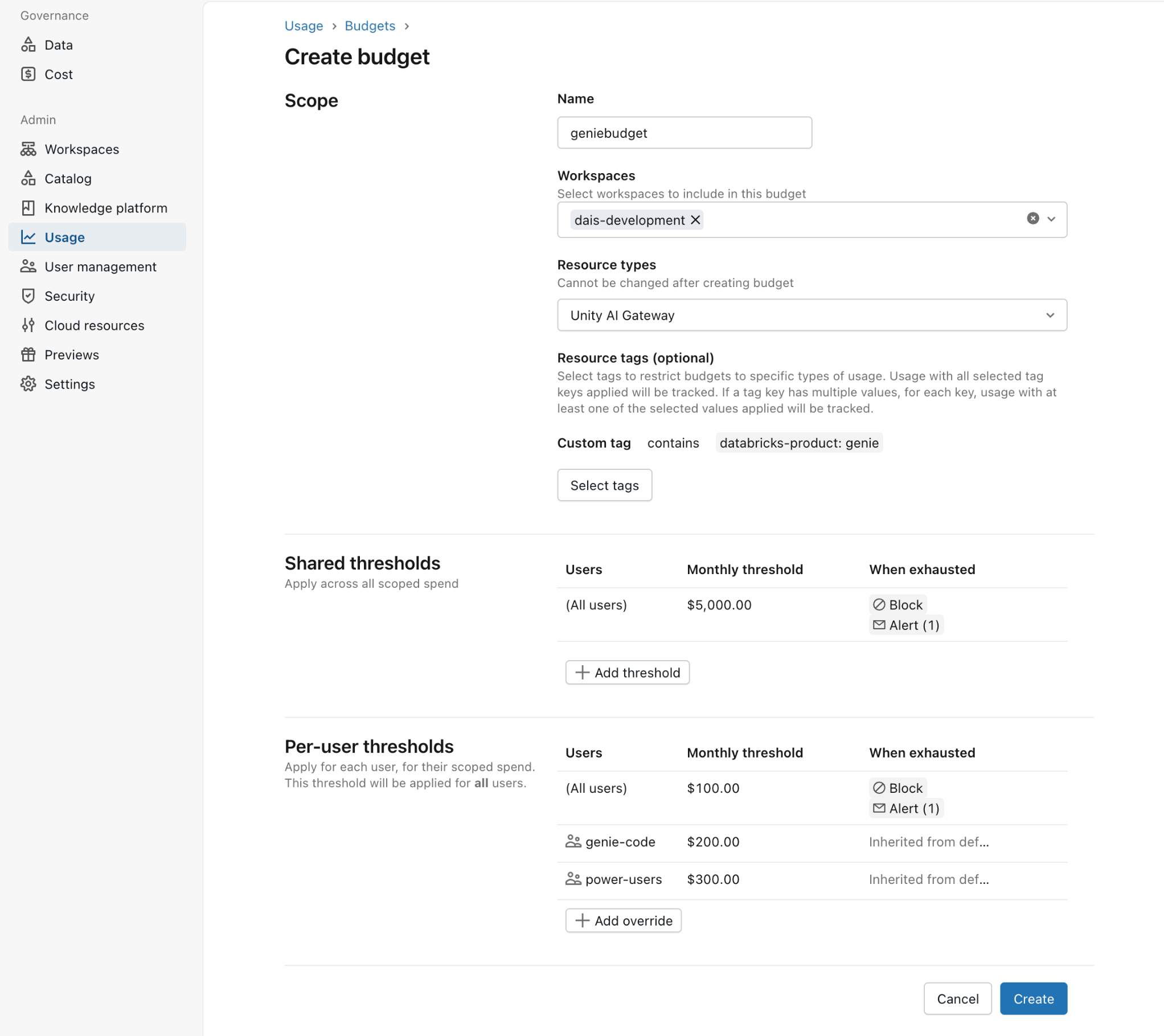 Example budget configuration for Genie usage.