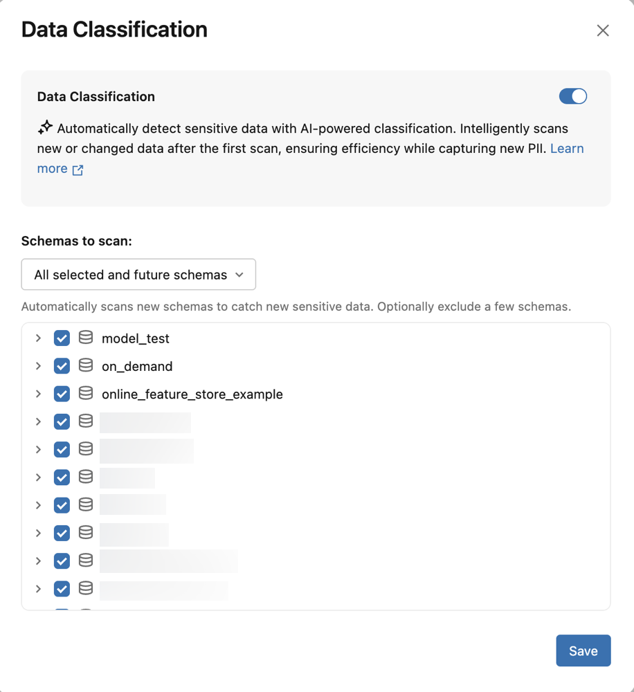 Settings modal for Data Classification.