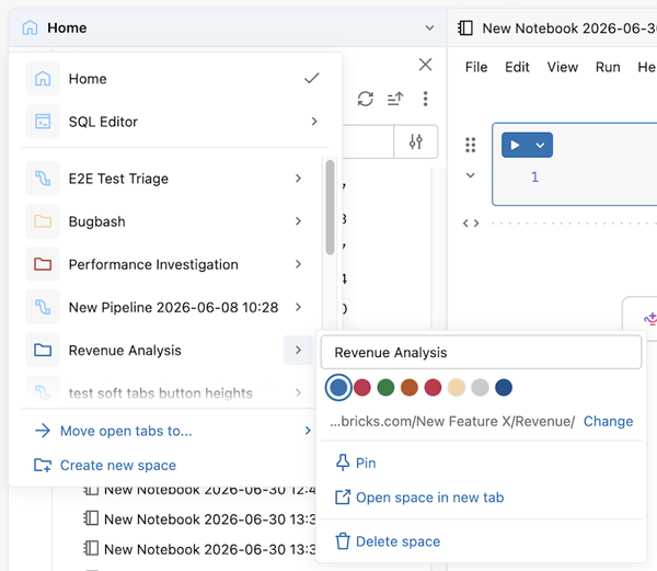 Hover actions on a space row: rename, color swatches, folder, pin, open in new tab, and delete