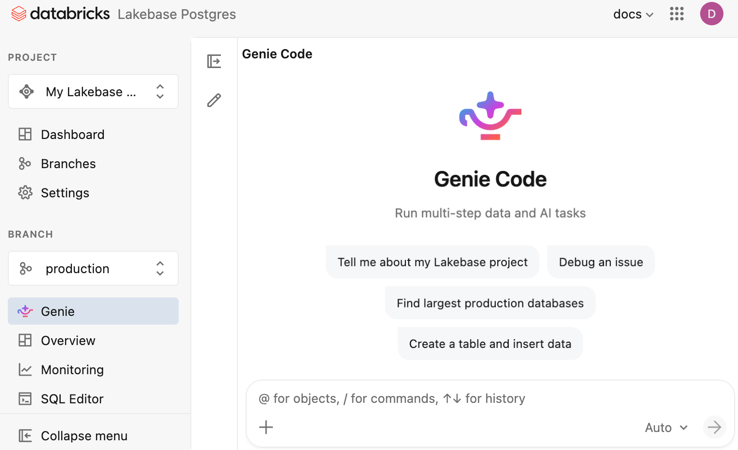 Genie Code in the Lakebase project UI, opened from the Genie entry in the project sidebar, showing example prompts such as "Tell me about my Lakebase project" and "Create a table and insert data".