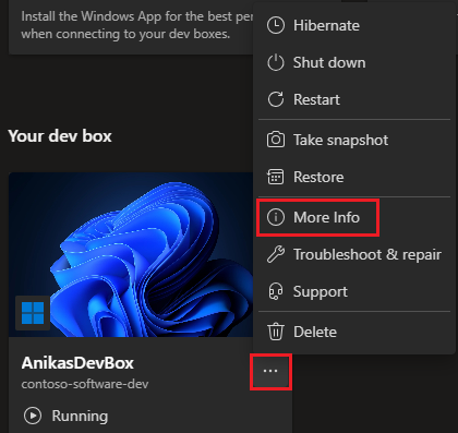 Screenshot of the developer portal showing the actions menu for a dev box and More Info selected.