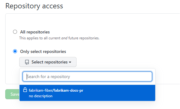 Screenshot shows the Repository access, where you can choose selected repositories.