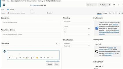 Gif showing how to use the ! mention to reference a GitHub pull request from a work item discussion.