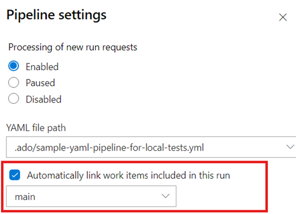 Screenshot of YAML Pipeline settings dialog showing the Automatically link new work items in this build option.